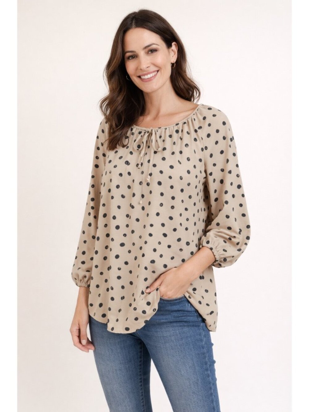 Como Black Blouse Women's XL Beige Polka Dot Tie Neck 3/4 Sleeve Chiffon Boho